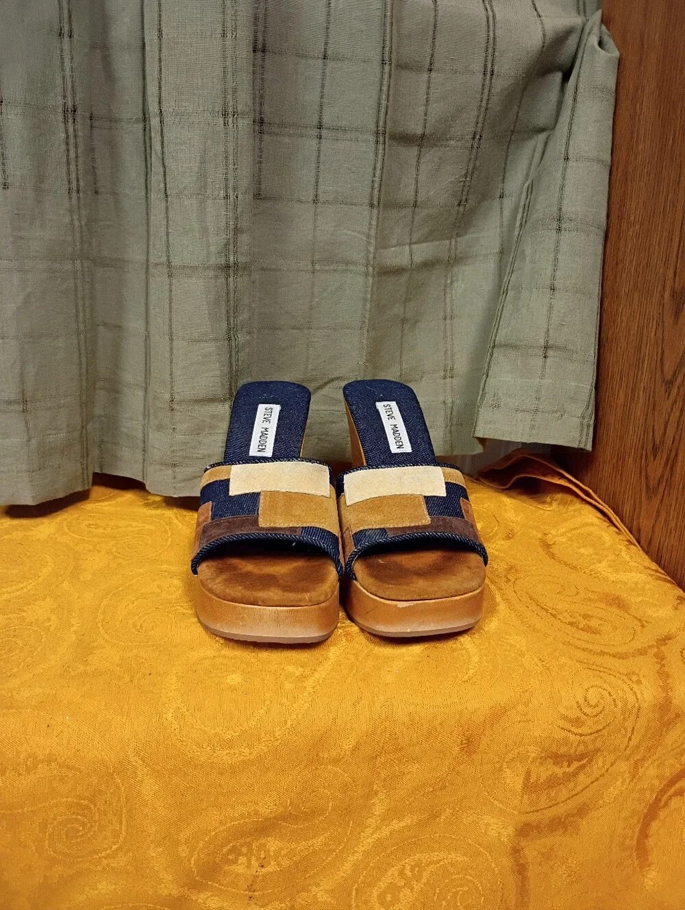 Vintage Steve Madden Patchwork Wooden Wedges Size 8 Y2K